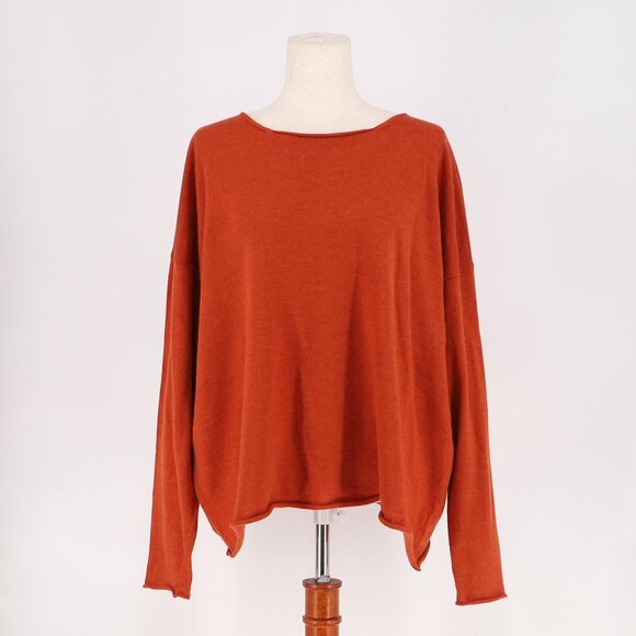ESKANDAR 100% Merino Wool Sweater Loose Fit Rolled Hem Red Orange O/S